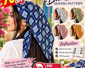 Puede incluir: Un patrón de costura para bandana con un estampado floral geométrico en azul y blanco. La imagen muestra la bandana terminada, cuatro variaciones de color y texto que incluye 70% OFF, Bandana SEWING PATTERN y PDF DOWNLOAD.