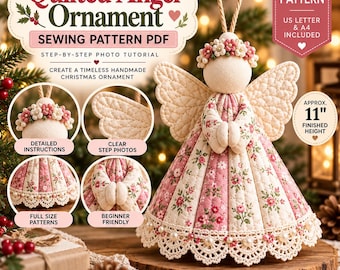 Puede incluir: Un patrón de costura en PDF para un adorno de ángel acolchado que muestra un ángel terminado de 28 cm de altura con un vestido floral rosa y crema, alas acolchadas, una corona de flores y borde de encaje, incluyendo tutoriales fotográficos.