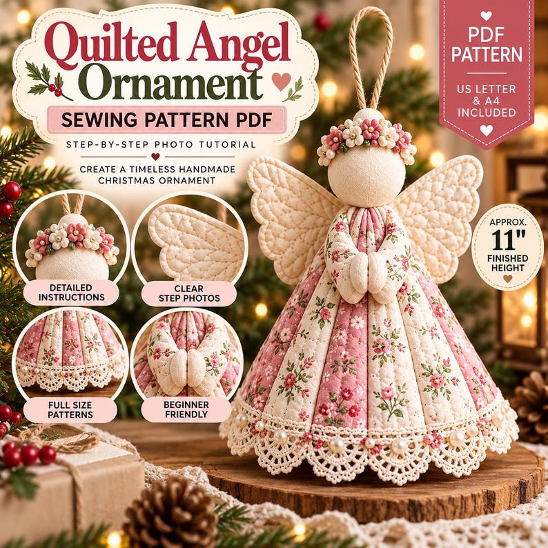 Pu&ograve; includere: Un cartamodello PDF per un angelo imbottito che mostra un angelo finito alto 28 cm con un vestito floreale rosa e crema, ali trapuntate, una corona di fiori e bordo in pizzo, completo di tutorial fotografici passo dopo passo.