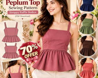 Puede incluir: Un patrón de costura para un top peplum de tirantes con cuerpo de volantes, que incluye el texto Women's Peplum Top Sewing Pattern Strappy Ruffle Bodice (PDF Download). La imagen muestra un top malva, bocetos técnicos y variaciones de color.