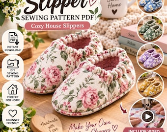 Puede incluir: Un par de zapatillas de casa con estampado floral de rosas rosas sobre fondo crema y forro interior rosa. La imagen incluye el texto Slipper Sewing Pattern PDF, Cozy House Slippers y Make Your Own Cozy Slippers, junto con imágenes circulares más pequeñas que muestran varias opciones de color y un icono de tutorial en vídeo.