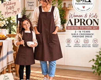 Puede incluir: Un conjunto de patrones de costura para un delantal marrón, con un diseño de pichi de espalda cruzada para adultos y niños. El texto incluye PatternMasterCo, Women & Kids APRON SEWING PATTERN SET, 2-16 YEARS, GIRLS CROSSBACK PINAFORE DRESS, e iconos para PDF, descarga, instrucciones y principiantes.