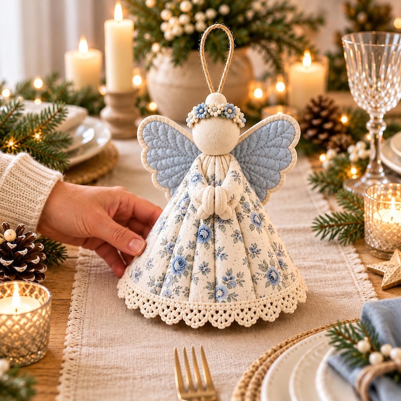 Pu&ograve; includere: Un ornamento a forma di angelo in tessuto con testa color crema, corona di fiori blu, ali trapuntate azzurre e un abito conico con motivo floreale blu su sfondo crema, rifinito con un bordo in pizzo all'uncinetto bianco alla base.