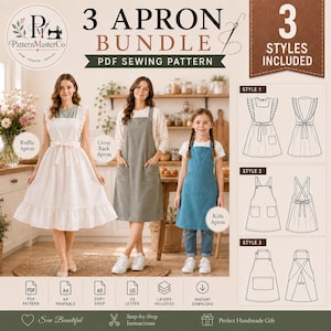 May include: A 3 apron bundle PDF sewing pattern featuring three styles. The image displays a white ruffle apron, a gray cross-back apron, and a blue kids apron. Technical line drawings illustrate the front and back views of each apron style.