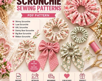 Puede incluir: Un patrón de costura digital para coleteros con el texto BEAUTIFUL SCRUNCHIE SEWING PATTERNS PDF PATTERN. La imagen muestra seis coleteros de tela con varios estampados florales, de lunares y de cuadros, junto a herramientas de costura.