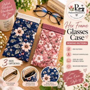 May include: Two quilted fabric glasses cases with a flex frame closure. One case is navy blue with a peach floral pattern and a cream polka dot top, while the other is dusty rose with a white floral pattern and a dark rose polka dot top.