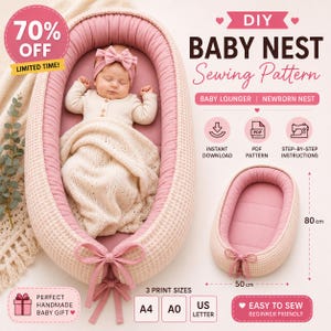 May include: A DIY baby nest sewing pattern featuring a pink and cream waffle-textured baby lounger. The image displays a baby inside the nest, text reading DIY BABY NEST Sewing Pattern, and a diagram showing dimensions of 80 cm by 50 cm.