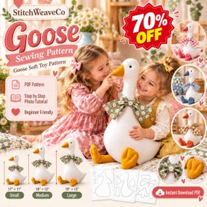 May include: A white fabric goose soft toy sewing pattern featuring a PDF guide, step-by-step photo tutorial, and three size options: small 17 by 11 inches, medium 18 by 12 inches, and large 19 by 13 inches, with a green daisy print bow.