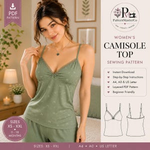 May include: A digital sewing pattern for a camisole top, featuring a sage green tank with a delicate white bow print, lace trim at the V-neckline, and a small centre bow. Includes technical line drawings of the front and back views of the garment.