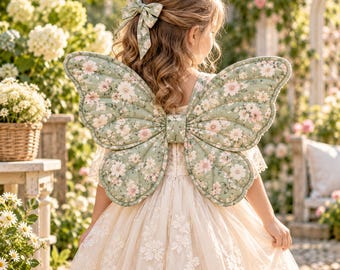 Puede incluir: Un par de alas de mariposa acolchadas en tela verde salvia con un estampado floral rosa y blanco, sobre un vestido color crema con detalles de encaje. Un lazo para el pelo a juego está sujeto en la parte posterior del cabello.