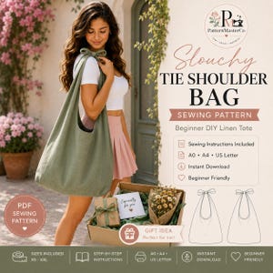 Op de afbeelding: Een digitaal naaipatroon voor een slouchy schoudertas met strik, met een saliegroene linnen tas met een geknoopte schouderband. De afbeelding bevat de tekst: Slouchy TIE SHOULDER BAG SEWING PATTERN, Beginner DIY Linen Tote, Sewing Instructions Included, A0, A4, US Letter, Instant Download, Beginner Friendly.