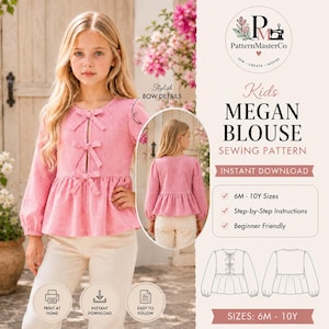 Kids Megan Blouse Sewing Pattern | Peplum Top, Bow Details (Digital Download)