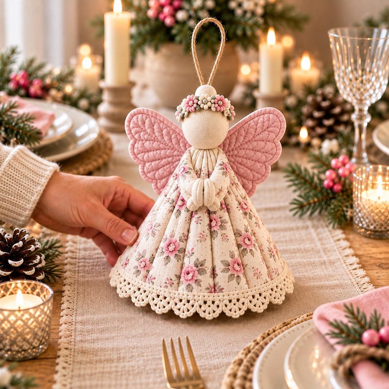 Pu&ograve; includere: Un ornamento a forma di angelo in tessuto con un abito color crema a motivo floreale di rose rosa, ali rosa trapuntate e una piccola corona di perline rosa e verdi. La figura ha una testa rotonda, mani giunte e un orlo in pizzo all'uncinetto.