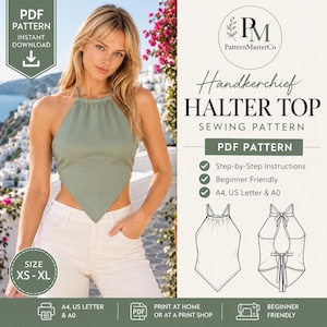 May include: A sage green handkerchief halter top sewing pattern featuring a PDF download, step-by-step instructions, and size range XS-XL. The graphic includes a front and back line drawing of the top with tie closures and a pointed hemline.