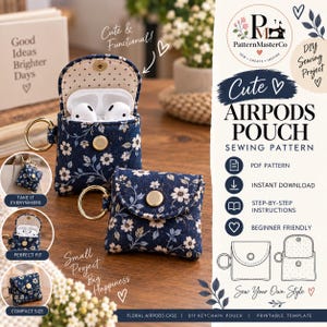 Cute AirPods Pouch Sewing Pattern PDF | Floral Earbuds Case Tutorial | DIY Keychain Holder | Printable Template | Instant Download