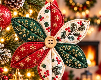 Puede incluir: Un adorno de estrella de tela acolchada con seis pétalos en colores alternos rojo, verde y crema. Los pétalos están decorados con patrones dorados de copos de nieve, acebo y ramas de pino. Un botón de madera clara está centrado.