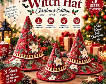 Puede incluir: Un patrón de costura en PDF para un sombrero de bruja edición navideña, con tres sombreros de tela con estampado de flores de pascua rojas y acebo. El texto dice Witch Hat Christmas Edition, 3 Sizes Included, e incluye iconos de descarga instantánea, patrón PDF imprimible, instrucciones paso a paso y apto para principiantes.