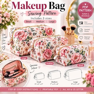Könnte beinhalten: Ein PDF-Schnittmuster für eine Kosmetiktasche in drei Größen: klein, mittel und groß. Die Taschen haben ein Blumenmuster mit rosa Blüten und grünen Blättern, goldene Reißverschlüsse und ein rosafarbenes Innenfutter.