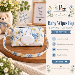 May include: A rectangular fabric baby wipes bag featuring a white base with a blue and yellow floral pattern, a white plastic dispensing lid, and a matching fabric carrying strap. The text reads Baby Wipes Bag SEWING PATTERN PDF PATTERN.