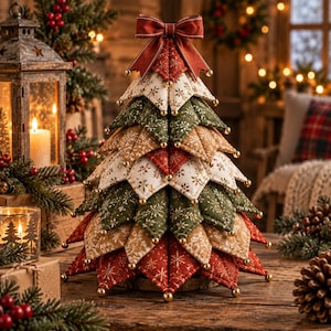 May include: A fabric Christmas tree decoration constructed from layered, quilted triangular segments in shades of red, green, and cream with snowflake and holly patterns. The tree is topped with a red fabric bow and accented with small gold beads.