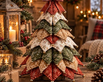 Puede incluir: Una decoración de árbol de Navidad de tela construida con segmentos triangulares acolchados y superpuestos en tonos rojo, verde y crema con patrones de copos de nieve y acebo. El árbol está rematado con un lazo rojo y pequeñas cuentas doradas.