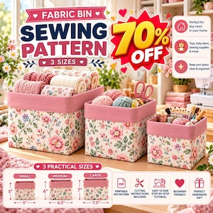 Può includere: Tre contenitori in tessuto di dimensioni piccola, media e grande con motivo floreale e bordo rosa. I contenitori contengono articoli da cucito e filati. Il testo include "Fabric Bin Sewing Pattern" e dimensioni in pollici.
