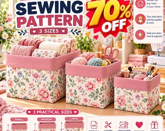 Puede incluir: Tres cestas de tela en tamaños pequeño, mediano y grande con estampado floral y borde rosa. Las cestas contienen artículos de costura e hilo. El texto incluye "Fabric Bin Sewing Pattern" y dimensiones expresadas en pulgadas.