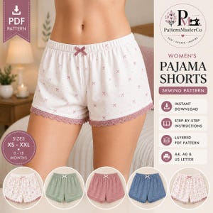May include: A digital sewing pattern for pyjama shorts featuring a white base with a small pink bow print, an elastic waistband with a centre bow, and a scalloped lace hem. The pattern includes sizes XS to XXL and is available for instant download.