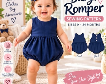 Puede incluir: Un patrón de costura para pelele de bebé en color azul marino, tallas 0-24 meses. El diseño cuenta con un cuerpo sin mangas y una parte inferior fruncida tipo bombacho. El texto incluye Baby Romper, Sewing Pattern, Sizes 0-24 Months y Sew Your Own Style.