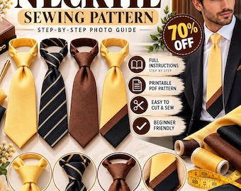 Puede incluir: Un patrón de costura para corbatas que muestra cuatro corbatas terminadas en amarillo sólido, negro con rayas doradas, marrón sólido y un diseño de bloques de color amarillo, marrón y negro. Incluye texto: NECKTIE SEWING PATTERN, 70% OFF.