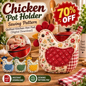 Chicken Pot Holder Sewing Pattern PDF | Quilted Chicken Hot Pad Pattern | Farmhouse Kitchen Decor | DIY Potholder | Instant Download