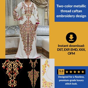 Pode incluir: Um caftan branco com bordado de fio metálico bicolor em padrões florais dourados e rosa. A peça inclui mangas compridas, um painel central vertical bordado e um cinto metálico a condizer. Texto: Two-color metallic thread caftan embroidery design, Instant download: DST, EXP, EMD, XXX, OFM, 5.0 rating.