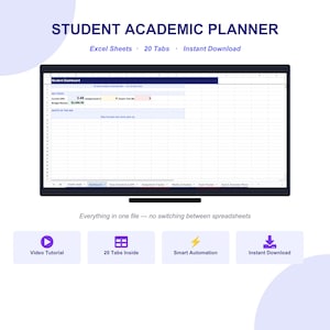 Peut inclure: Un planificateur académique étudiant numérique affiché sur un écran d'ordinateur, comprenant des feuilles Excel avec 20 onglets. Le tableau de bord affiche des statistiques clés comme la moyenne et le budget. Inclut des icônes de tutoriel vidéo.
