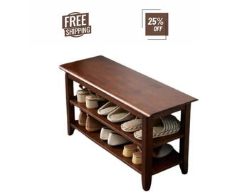Wooden Shoe Rack Bench, Entryway Storage with 2 Shelves, Farmhouse Style Organizer