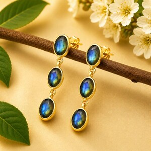 Natural Gemstone Triple Drop Dangle Earrings | 925 Sterling Silver Gold Plated Earrings | Moonstone Labradorite Garnet Peridot Amethyst