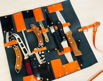 Messenrol met 11 vakken, unieke Chief keukentas, vintage zwart-oranje echt leer, gereedschap, messen, multifunctioneel, uniek handgemaakt, 38 x 38 cm