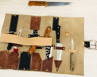 Estuche enrollable para cuchillos de 11 ranuras, bolsa organizadora de cocina Chief, cuero genuino marrón vintage, estuche para herramientas y cuchillos, suministros para manualidades, único, hecho a mano, 20.5" x 14"