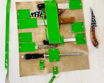Knife Roll 9 Slots, Unique Chief kitchen Holder Bag, Vintage Beige Green Genuine Leather, Tools knives Multi Supply  Unique Handmade 15"X16"