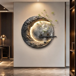 May include: A circular wall-mounted light fixture with a textured, dark gray stone-like frame and a glowing warm interior. A horizontal shelf holds a clear glass vase with white flowers, a small black diffuser bottle, and a silver figurine.