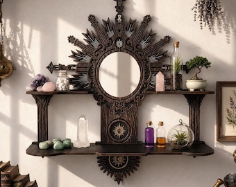 May include: A dark brown wooden wall shelf featuring a central circular mirror, sunburst carvings, and celestial symbols. The unit includes two upper side shelves and one long lower shelf, displaying various crystals, glass bottles, and plants.