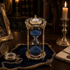 May include: An ornate hourglass featuring a gold metal frame with intricate detailing, a deep blue base and top, and a clear glass bulb filled with fine blue sand. The top of the hourglass is accented with a faceted crystal centerpiece.