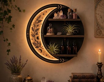 Moon Shelf with LED Light, Crescent Wall Decor and Three Wooden Display Shelves