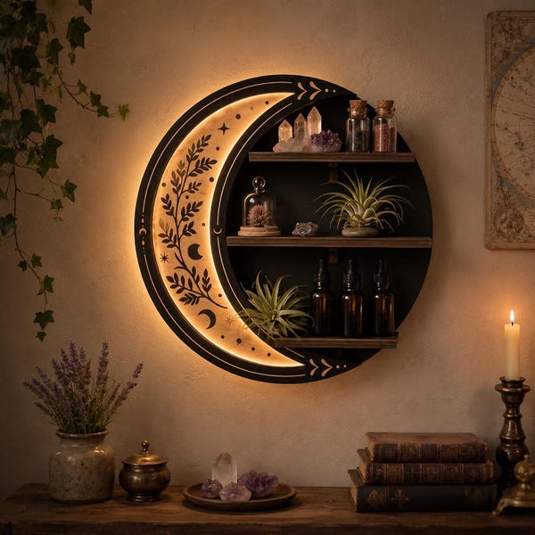 Moon Shelf with LED Light, Crescent Wall Decor and Three Wooden Display Shelves
