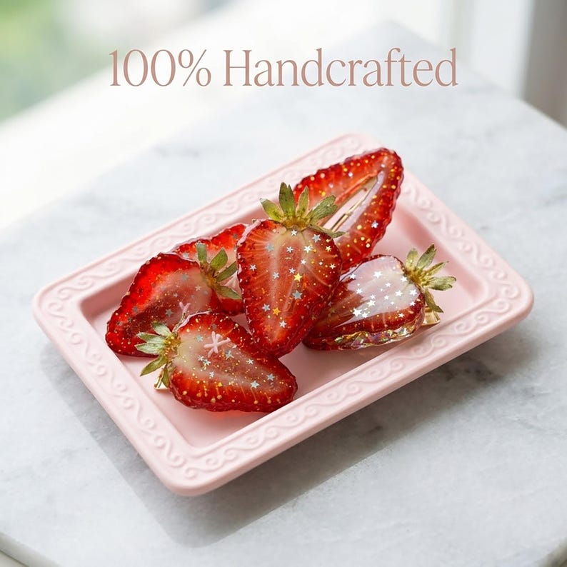 May include: A light pink rectangular tray holds several strawberry-shaped hair clips. Each clip features a red strawberry slice embedded with small silver star-shaped glitter and green leaves. The text 100% Handcrafted is visible above the tray.