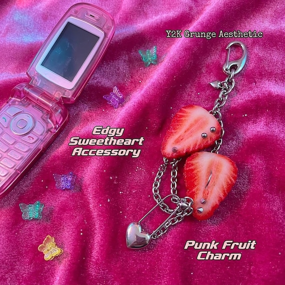 Y2K Grunge Strawberry Keychain, Pierced Fruit Charm Coquette Punk Rock Bag Accessory, Edgy Heart Safety Pin Gothic Acrylic Jewelry