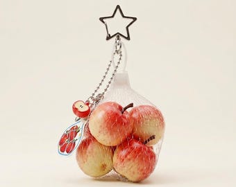Könnte beinhalten: Ein Mini-Apfel-Netzbeutel-Anhänger mit vier kleinen rot-gelben Äpfeln in einem weißen Netz. Der Anhänger verfügt über einen silbernen sternförmigen Verschluss, eine Kugelkette, einen Apfelscheiben-Anhänger und ein Etikett mit Mini Apple Mesh Bag Charm.