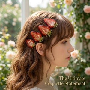 May include: Four hair clips shaped like sliced strawberries with red flesh, white seeds, and green leaves. The strawberry slices feature a glossy finish with small white highlights. The text The Ultimate Coquette Statement is visible.