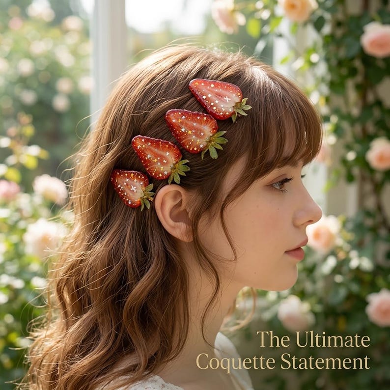 May include: Four hair clips shaped like sliced strawberries with red flesh, white seeds, and green leaves. The strawberry slices feature a glossy finish with small white highlights. The text The Ultimate Coquette Statement is visible.