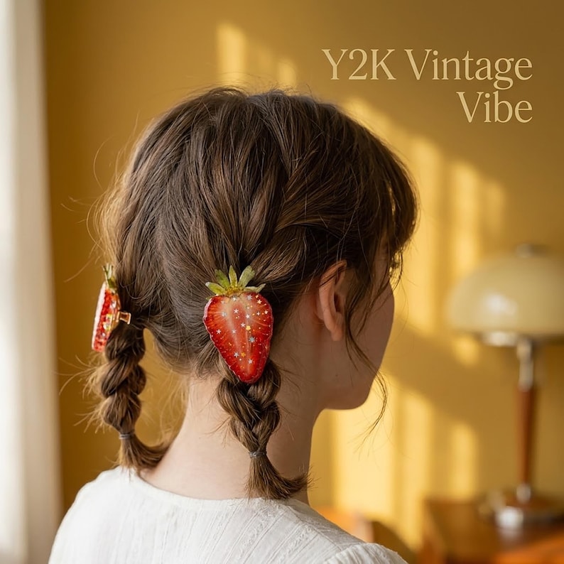 May include: Two red strawberry-shaped hair clips with green leaves and small white star accents. The clips are attached to braided hair. The text Y2K Vintage Vibe is visible in the upper right corner of the image. The strawberry clips feature a glossy finish and realistic red coloring with seeds.