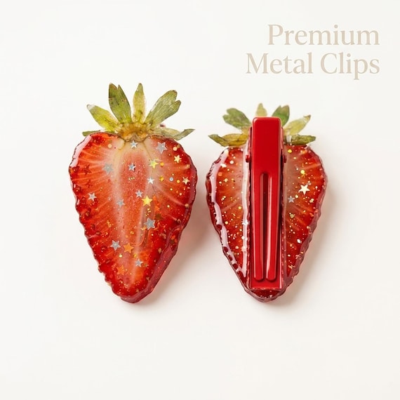 Real Strawberry Hair Clip, Resin Fruit Hairpin, Cute Coquette Hair Accessories, Cottagecore Gift for Her, Aesthetic Strawberry Barrette